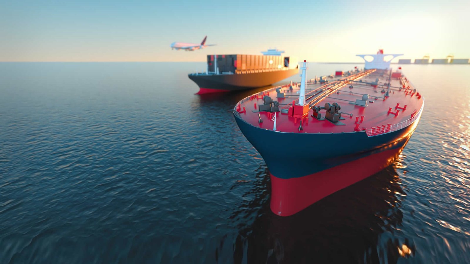 Cargo ship at sea with an aircraft above